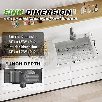 キッチン家電 kaorin Kitchen And Bar Sink, 25x18 Inch Stainless Steel Drop In Kitchen